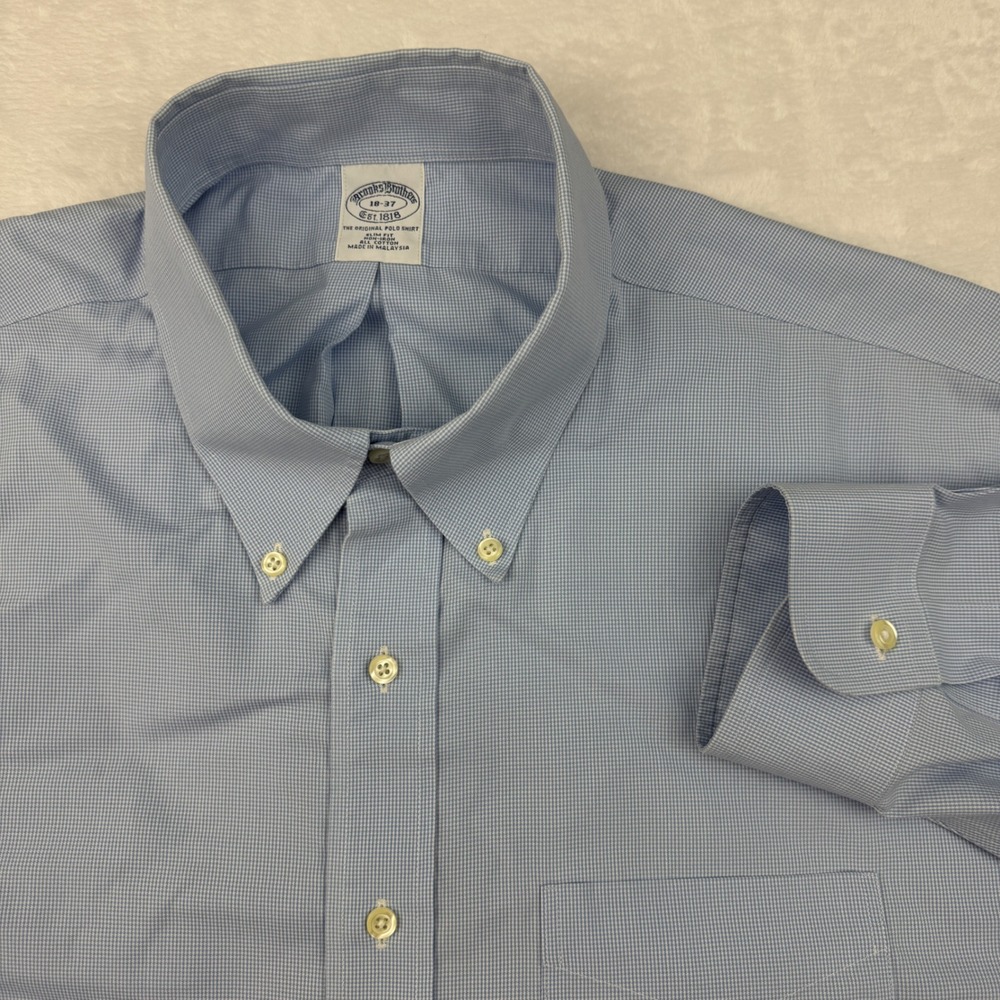 Brooks Brothers Slim Fit Non-Iron Dress Shirt 18-37 Blue Micro Check Cotton - Picture 2 of 7